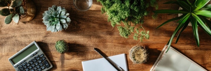 Aufkleber - Sustainable Financial Wellness Minimalist Biophilic Budget Planning with Eco-Friendly Calculator, Succulents and Natural Wood Workspace - Modern Entrepreneurial Productivity Toolkit