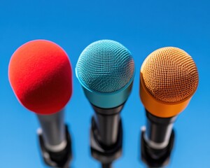 Fototapete - Vibrant Professional Audio Essentials Dynamic Chromatic Microphone Collection Showcasing Modern Media Production Aesthetics and Creative Communication Technologies
