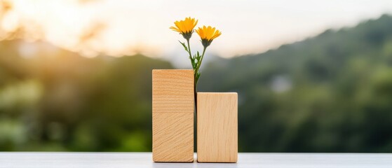 Poster - Sustainable Growth Visualization Minimalist Wooden Blocks and Vibrant Yellow Flower Symbolizing Eco-Innovation, Business Resilience and Green Investment Potential