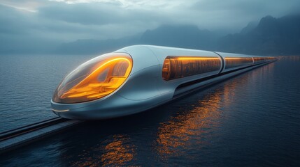 Leinwandbilder - An autonomous smart train moves gracefully on a high tech track over calm waters, with illuminated details glowing against a backdrop of dark mountains at dusk.