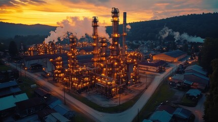 Aufkleber - A busy energy generation facility features towering structures illuminated against the dusk sky. Steam rises from various units, showcasing the intricate systems of power production.
