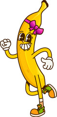 Aufkleber - Cartoon groovy banana fruit character celebrating vibrant party with fun and dance. Isolated vector tropical fruit personage with a playful expression, sporting a bow, embodies joy, fun and excitement