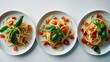 ©  AugmentArt - Traditional Italian linguini pasta with tomatoes and basil is presented on a white background. A collection of pasta with tomatoes viewed from various angles.