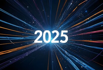 Aufkleber - 2025 Future Technology Concept. Digital Advancement, Innovation, And Connectivity. Bright Prospects, Cables, And Glimmering Lights Suggest A Promising Trajectory. Technology Advances For All.