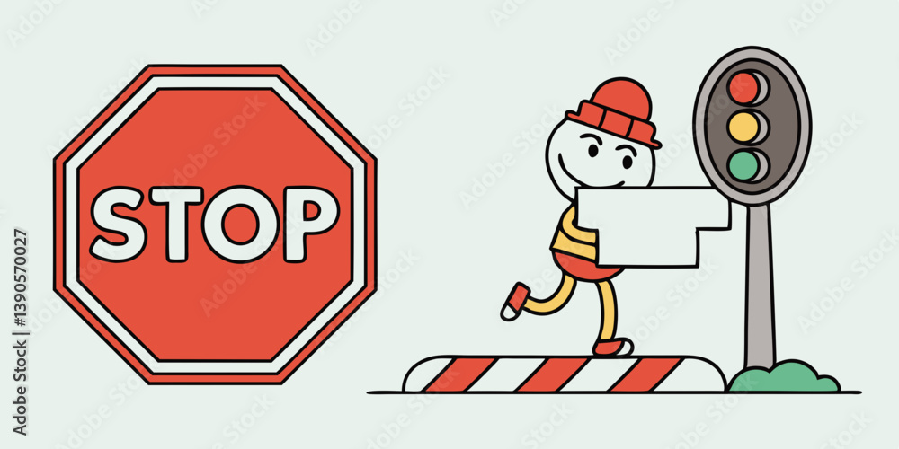 Cartoon Vector Illustration Stop Sign Traffic Light Pedestrian at ...