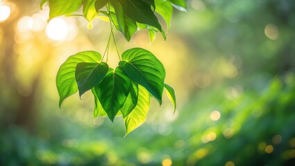 Poster - Beautiful landscape of nature displaying green leaves on a softly blurred greenery backdrop under sunlight, with bokeh effects and space for text, perfect for ecology-themed wallpaper.