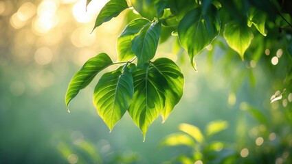 Fototapete - Lovely nature vista showcasing green leaves on a blurred green background bathed in sunlight, complete with bokeh and copy space, suitable for a natural plants landscape or ecological wallpaper.