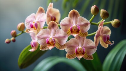 Poster - A close-up of orchid flowers blooming in the garden, highlighting its vibrant pink and purple petals, surrounded by green foliage with a softly blurred background.