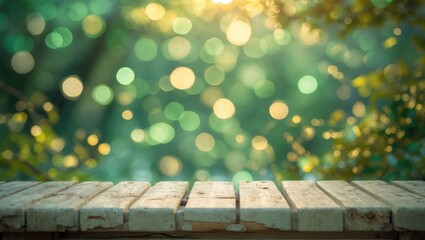 Poster - Empty wooden deck table against a blurred garden park background with bokeh outdoors. Green nature backdrop, wood shelf, counter, and desk surface for food picnics and product display montage.