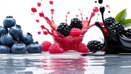 Fototapete - Various types of berries with juice splashes isolated.