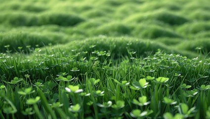 Poster - Verdant clover and grass texture viewed from above. Lush green meadow, springtime growth, and nature background concept for design and printing.