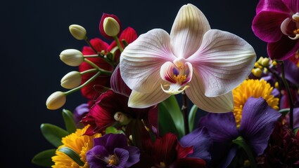 Poster - Vibrant flower arrangement in low key photography style. Bold and motivational. Dark background. Intense and warm accents.