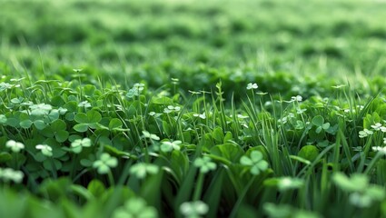 Poster - Lush clover and grass texture seen from above. Vibrant green field, springtime growth, and natural backdrop concept for design and print.