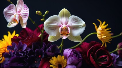 Aufkleber - Vibrant flower arrangement presented in a low key photography style. Bold and motivational. Dark background. Deep and warm accents.