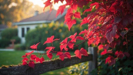 Fototapete - Vibrant branch of red leaves against a soft background, capturing a stunning moment of change. The branch stretches across the frame, gently resting on a wooden fence.