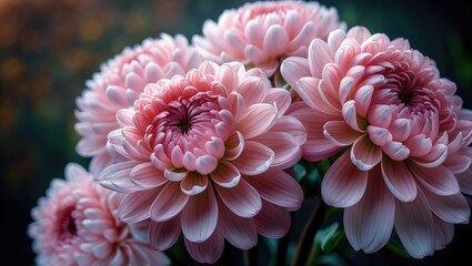 Poster - Soft pink chrysanthemum flowers with delicate, ruffled petals are shown in a close-up. The light highlights the velvety texture, creating a soft, romantic atmosphere.
