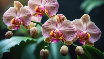 Aufkleber - A close-up of orchid flowers blooming in the garden, highlighting its vibrant pink and purple petals, surrounded by green leaves in a softly blurred backdrop.