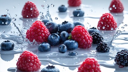 Fototapete - Various assortments of raspberry, blueberry, and blackberry with juice splash isolated.
