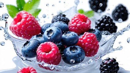Fototapete - Various assortments of raspberry, blueberry, and blackberry with juice splash isolated.