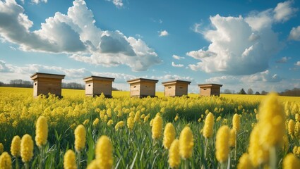 Aufkleber - Vibrant and picturesque countryside scene showcasing a yellow rapeseed field and beehives beneath a blue sky with clouds on a sunny spring day.
