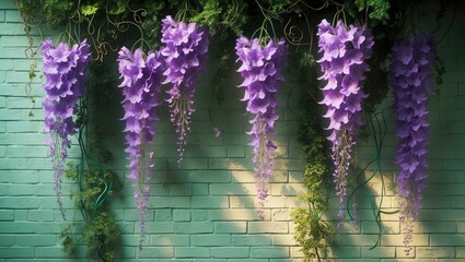 Poster - Cascading purple wisteria vines gracefully adorn a soft brick wall, creating a serene and enchanting ambiance perfect for nature-themed projects.