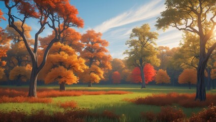 Poster - Vibrant autumn foliage among trees in a scenic field within a forested area.