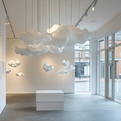 Leinwandbilder - Unique modern art installation featuring cloud-like sculptures in a minimalist gallery space showcasing contemporary design elements