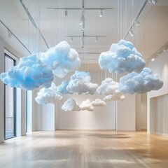 Leinwandbilder - Cloud installation art in a contemporary gallery space with bright lighting and wooden flooring