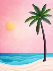 Wall Mural - Pink Sunset Palm Beach Scene - Serene tropical beach scene, symbolizing relaxation, vacation, escape, paradise, and tranquility