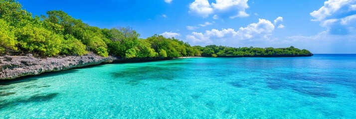 Wall Mural - Secluded Tropical Cove: Azure Waters and Lush Greenery - Escape to paradise. Crystal-clear turquoise water, vibrant green foliage, tranquil beach, hidden cove, serene escape