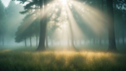 Wall Mural - morning light in a misty forest with blurred background, illuminating trees and dewy grass with soft