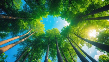 Wall Mural - a skyward view among the trees - sustainability photograph - sunstar