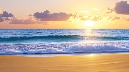 Wall Mural - Breathtaking Golden Sunset Ocean View - Serene sunset, tranquil ocean waves, golden sand, peaceful sky, summer vibe. Symbolising: calmness, beauty, serenity, escape, tranquility