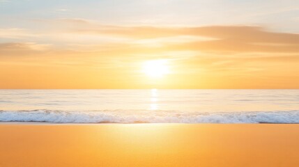 Wall Mural - Golden Sunset Over Ocean Beach - Serene sunset scene over a calm ocean beach, with golden light reflecting on the sand and waves