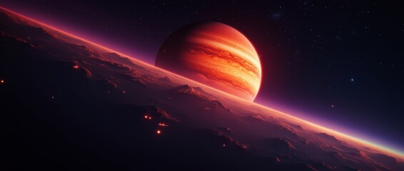 Wall Mural - a stunning planetary landscape featuring a large, gas giant planet rising above the horizon of a roc