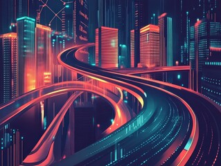 Futuristic neon cityscape with glowing highway and digital architecture