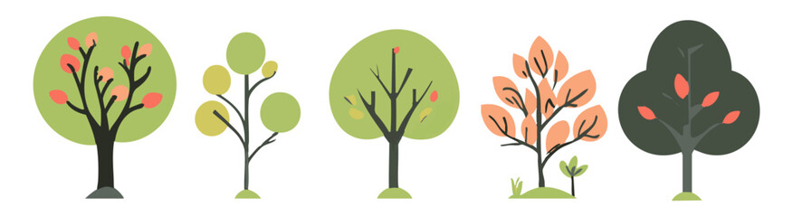 Set of tree and leaf collection hand drawn flat design vector element. botanical set of bare trees and ones with leaves and lush green