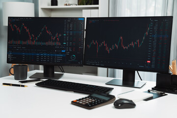 two screens of dynamic stock market exchange graph showing on computer. automatically trading sell o