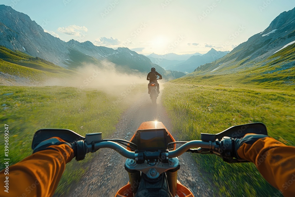 Two motorcyclists ride along a dirt path in the mountains at sunset. Dust trails behind them as they navigate through lush green grass and rocky terrain amid stunning, vast landscapes.