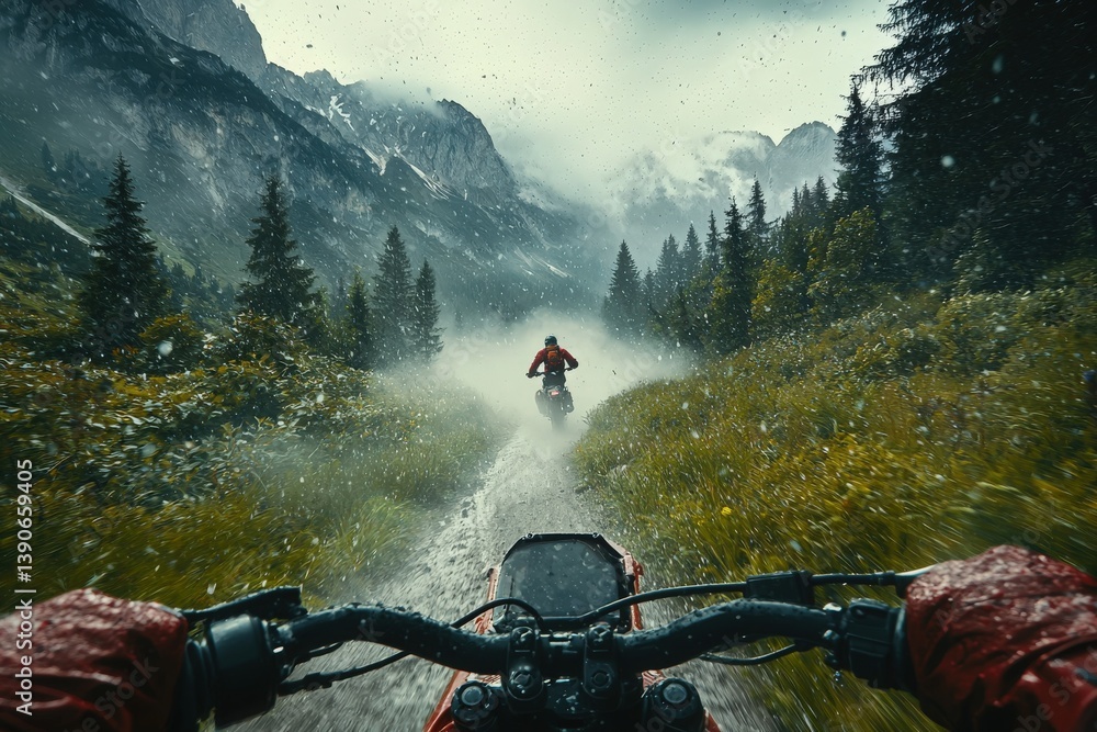 Two riders navigate a muddy trail in a mountainous landscape under rainy clouds. The atmosphere is filled with mist, enhancing the adventure of the challenging terrain.