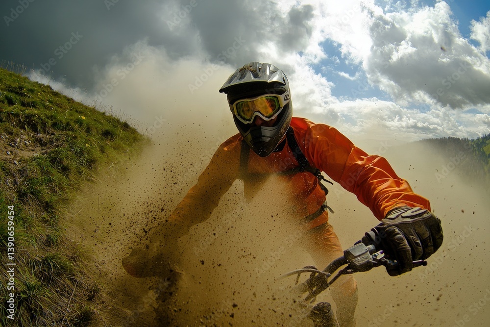 A mountain biker rides aggressively on a dirt trail, kicking up clouds of dust.