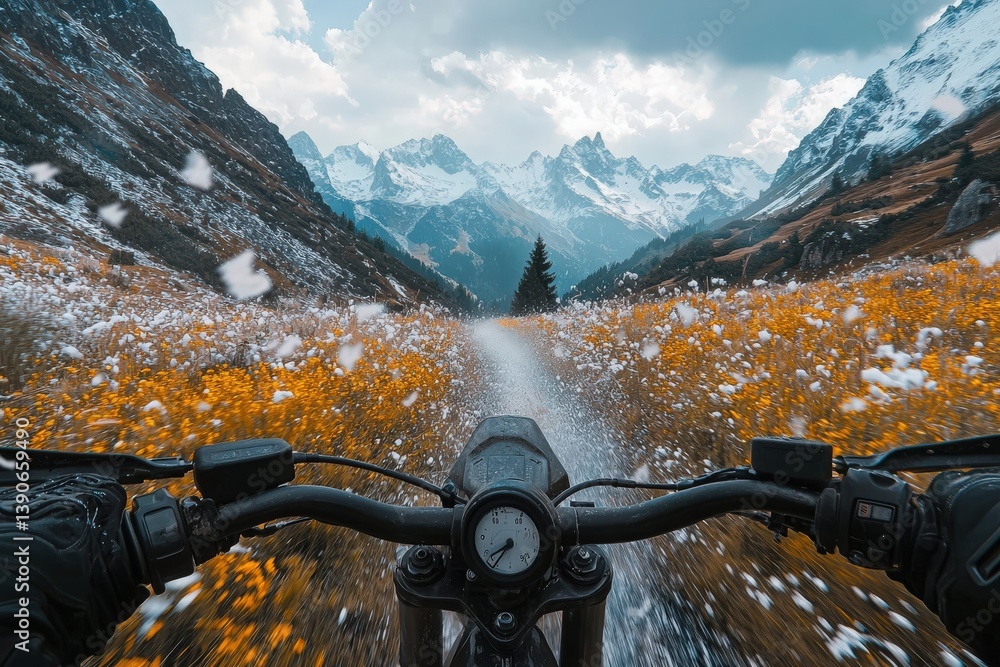 A motorcycle navigates a snowy trail surrounded by blooming yellow flowers and towering mountains. The scene showcases a vibrant contrast of colors under a dramatic sky.