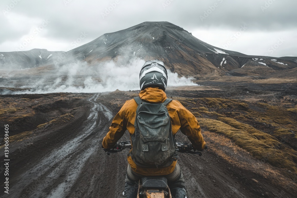 A motorcyclist wearing a helmet and a backpack navigates a muddy path across a volcanic landscape in Iceland. Steam rises from the ground, hinting at geothermal activity nearby, under an overcast sky.