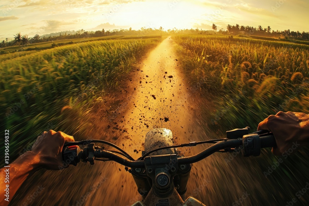 Two hands grip the dirt bike handlebars while speeding along a dirt path surrounded by green fields at sunset. Dust rises as the sun sets, creating a golden glow across the landscape.