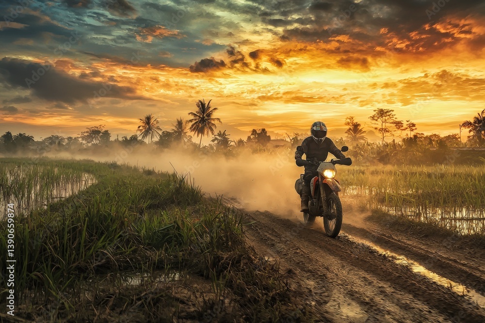 A motorcyclist navigates through muddy paths in rice fields during sunset. The vibrant sky casts dramatic colors, enhancing the adventurous atmosphere of the scene. Dust rises from the bikes tires.