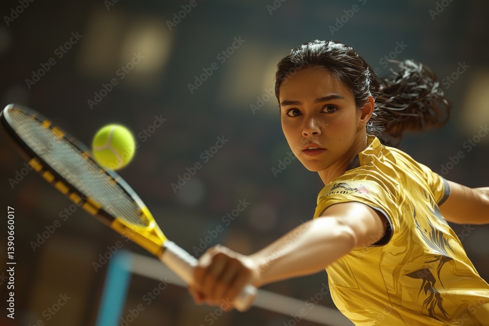 A focused young woman in a yellow athletic shirt is poised to hit a fast-flying tennis ball with her racket in a competitive indoor environment. The atmosphere is intense.