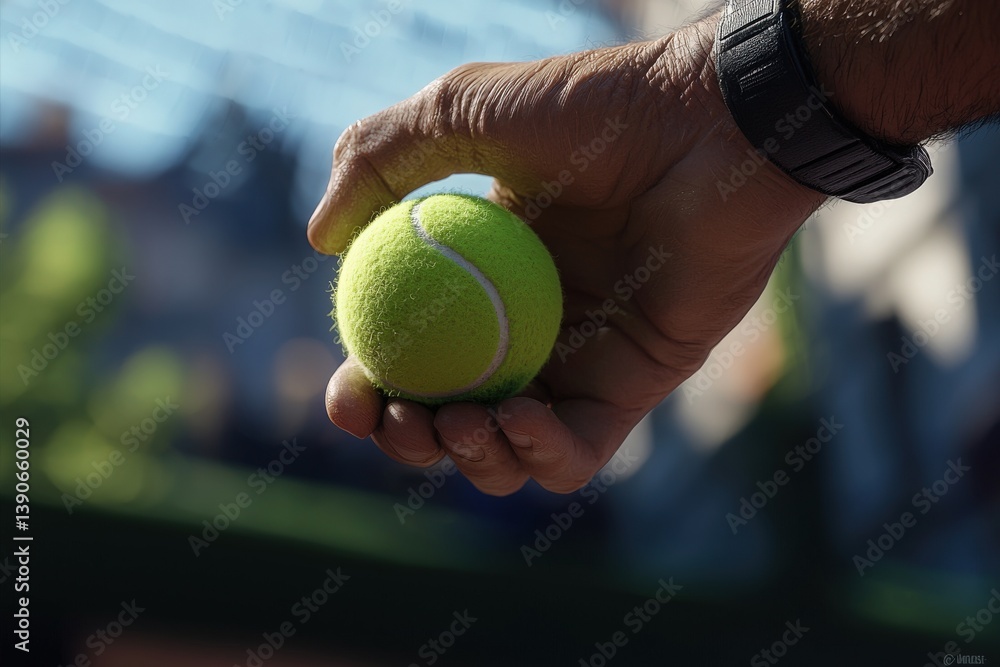 A person lifts a vibrant green tennis ball in one hand, poised for action on a tennis court. The bright sunlight illuminates the scene, showcasing the excitement of the game.