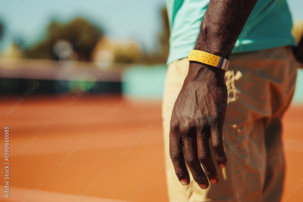 A man stands on a tennis court, dressed casually in a light blue shirt and beige shorts. He has a yellow wristband and looks ready for an energizing match under clear blue skies.