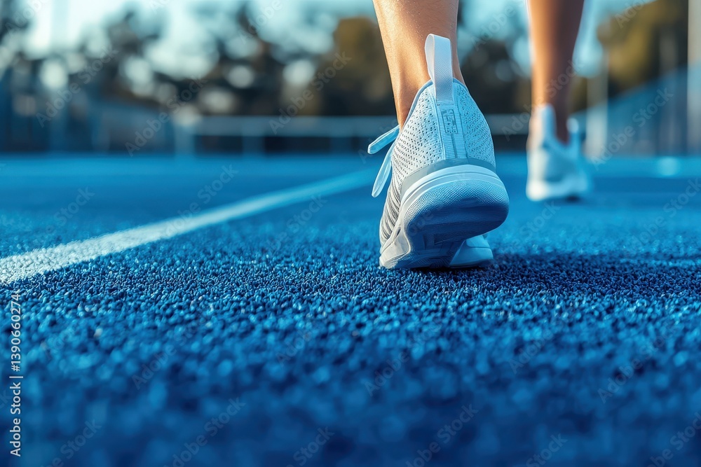 A close view of a runners foot in white sneakers striking the blue track during a training session.