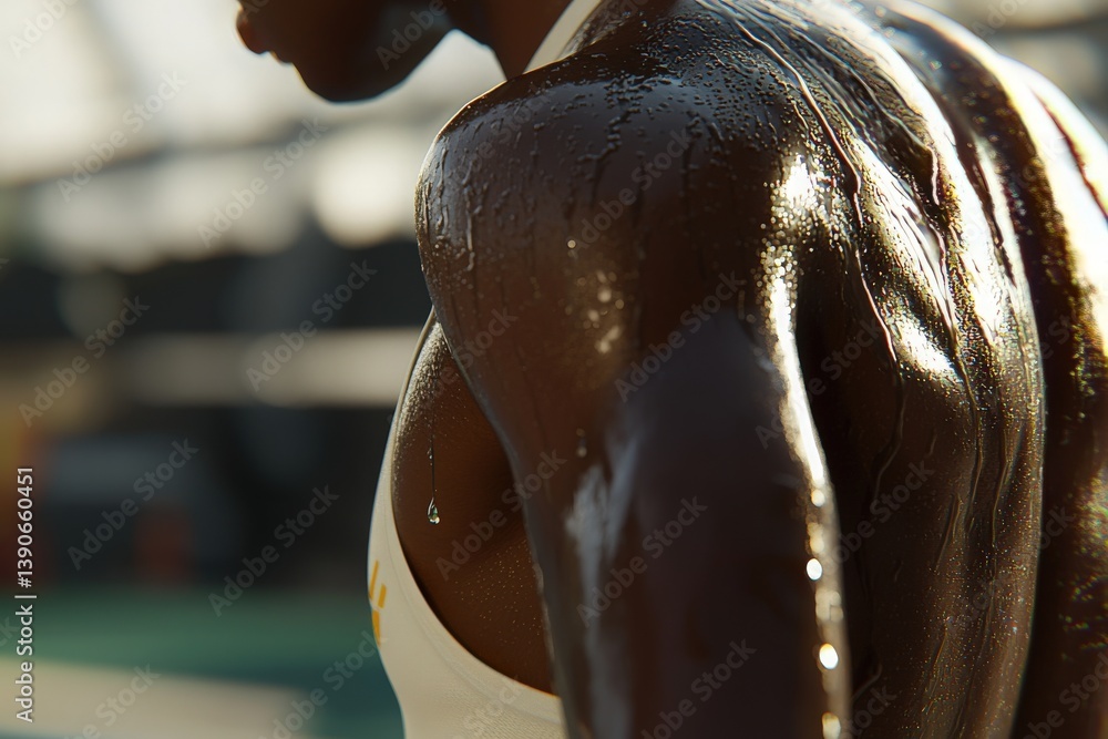 A focused athlete trains hard, showcasing sweat glistening on their muscular shoulder. The bright sunlight highlights their dedication in a rigorous outdoor setting during a workout.